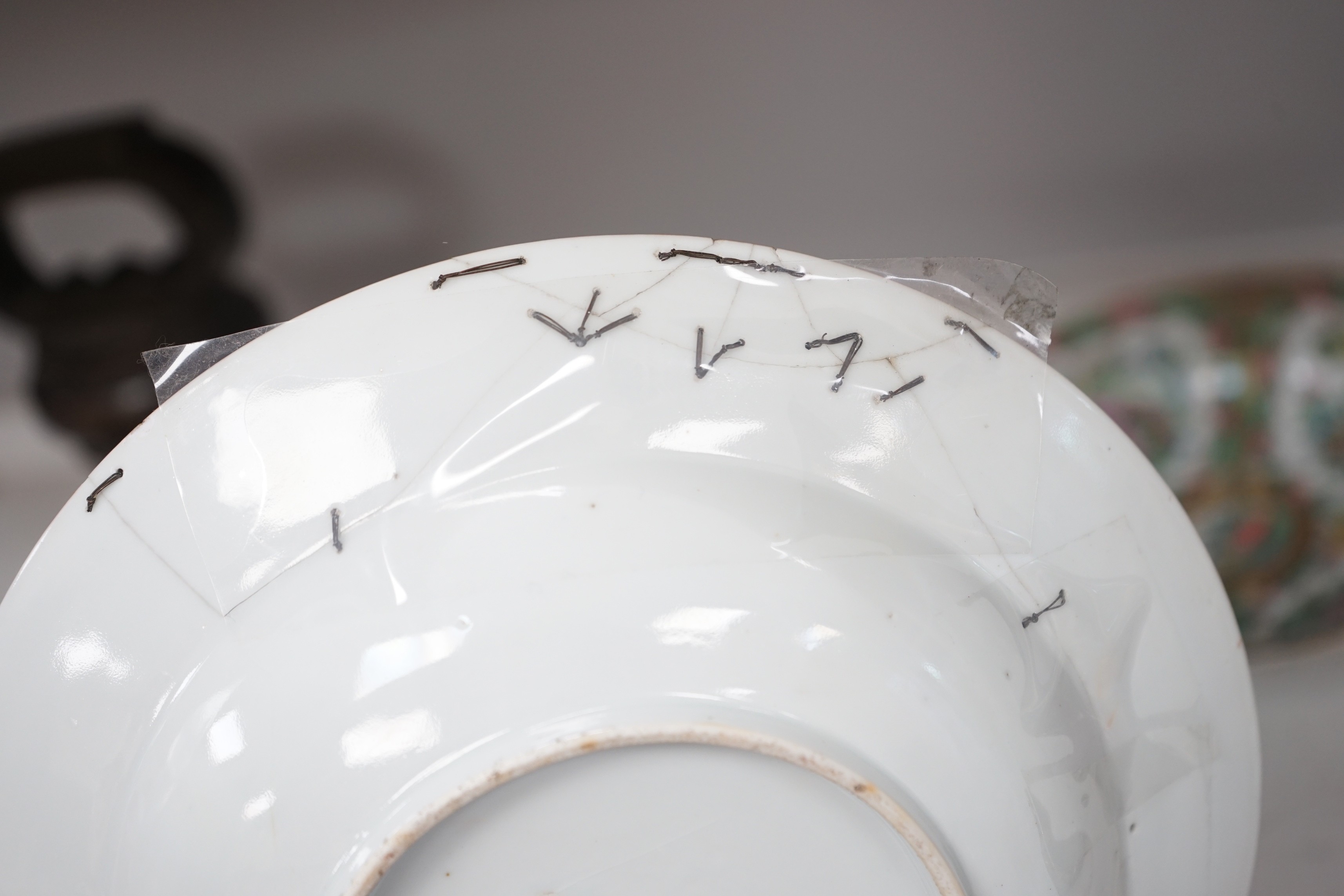 A group of 19th century Chinese famille rose - two plates, a square dish and a box and cover and two blue and white small vases